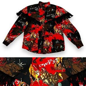 Vintage Rafter JX Western Shirt Cowboys Indians Novelty Print Black Fringe Small